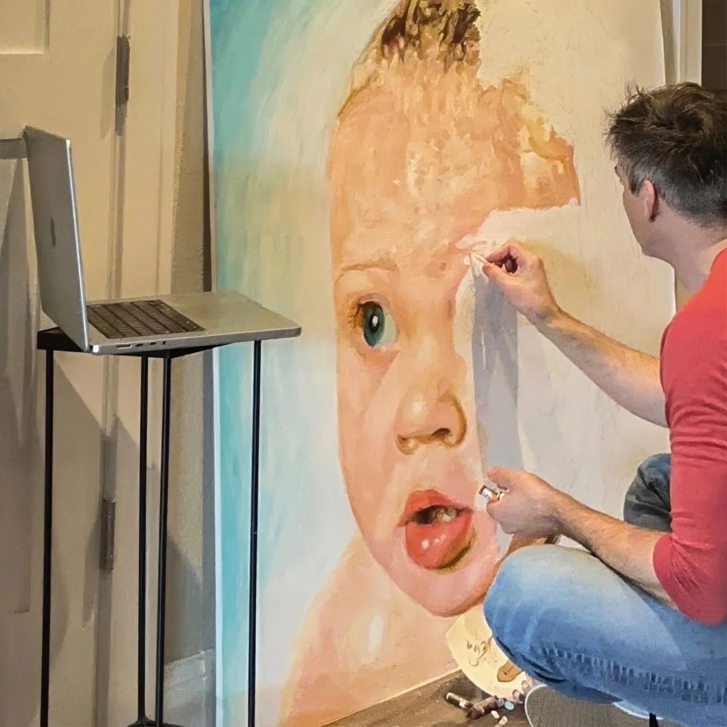 An artist working on a large, realistic portrait of a young girl with light hair and blue eyes, using paint and brushes in an indoor studio.
