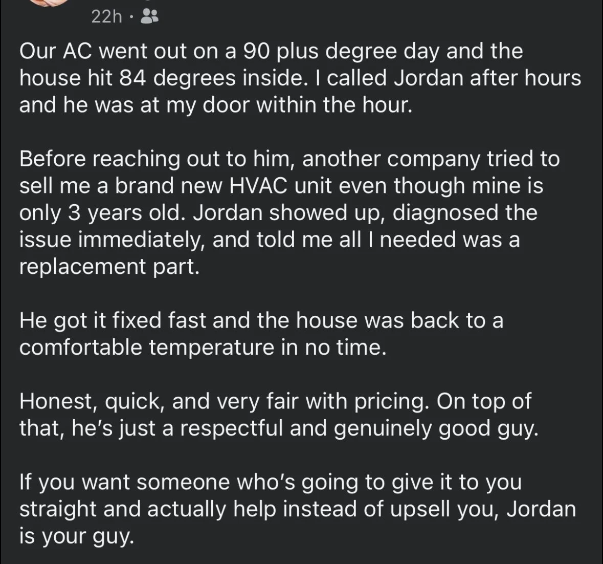 A screenshot of a social media post discussing service experience with an HVAC technician named Jordan, praising his quick, fair pricing and respectful demeanor.
