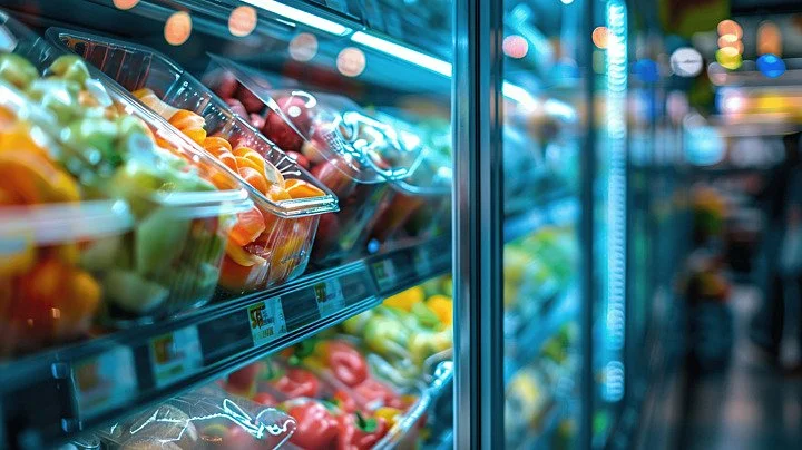 Refrigerated section of a grocery store with various fresh fruits and vegetables in clear plastic containers.