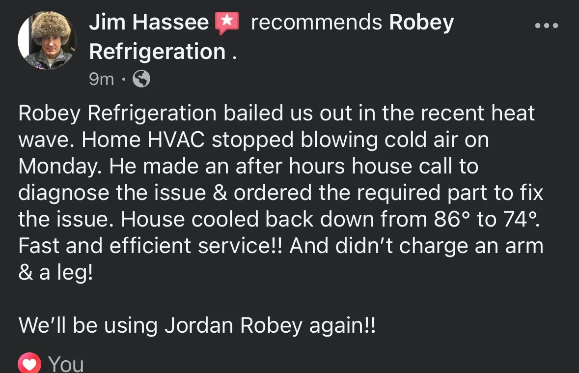 A Facebook post by Jim Hassee recommending Robey Refrigeration for HVAC repairs, praising their quick and efficient service during a heat wave, and mentioning how they fixed their air conditioning system.