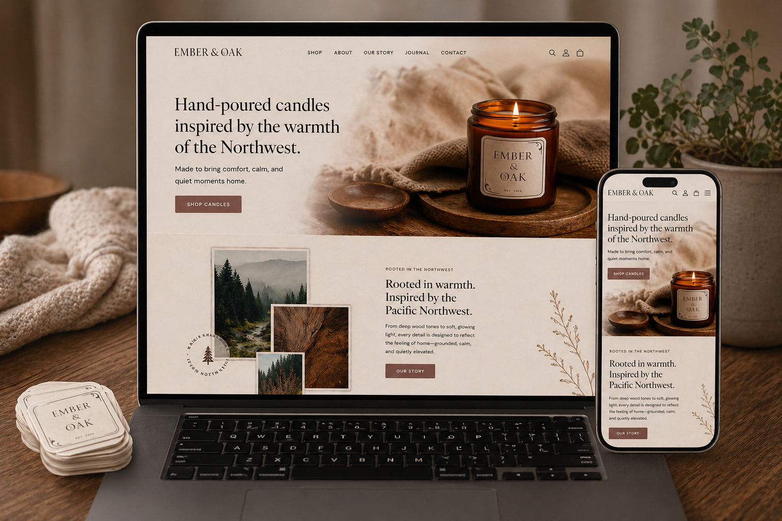 A laptop and smartphone displaying the Ember & Oak website featuring hand-poured candles inspired by the Northwest, with a candle in a brown jar, a wooden spoon, photographs of nature, and a stack of Ember & Oak tags on a wooden table, with a potted plant in the background.