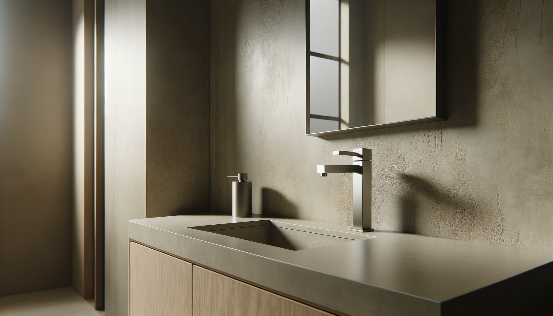 Minimalist bathroom vanity with beige countertop, integrated sink, rectangular mirror, and modern faucet. A pump soap dispenser is placed on the countertop, with natural light coming through a nearby window.
