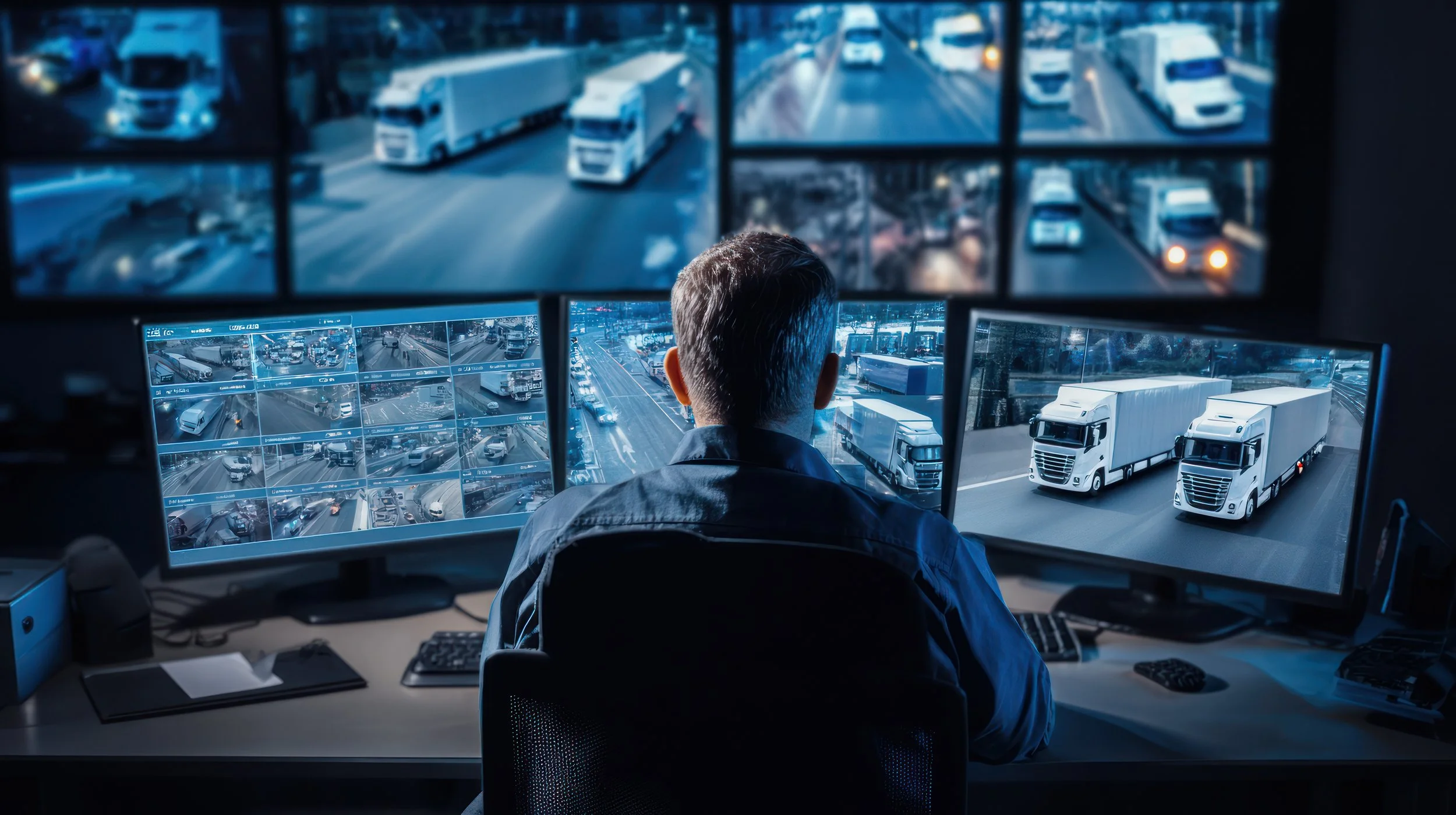Control room with a person sitting in front of multiple monitors displaying traffic and highway footage, focusing on truck traffic outside.
