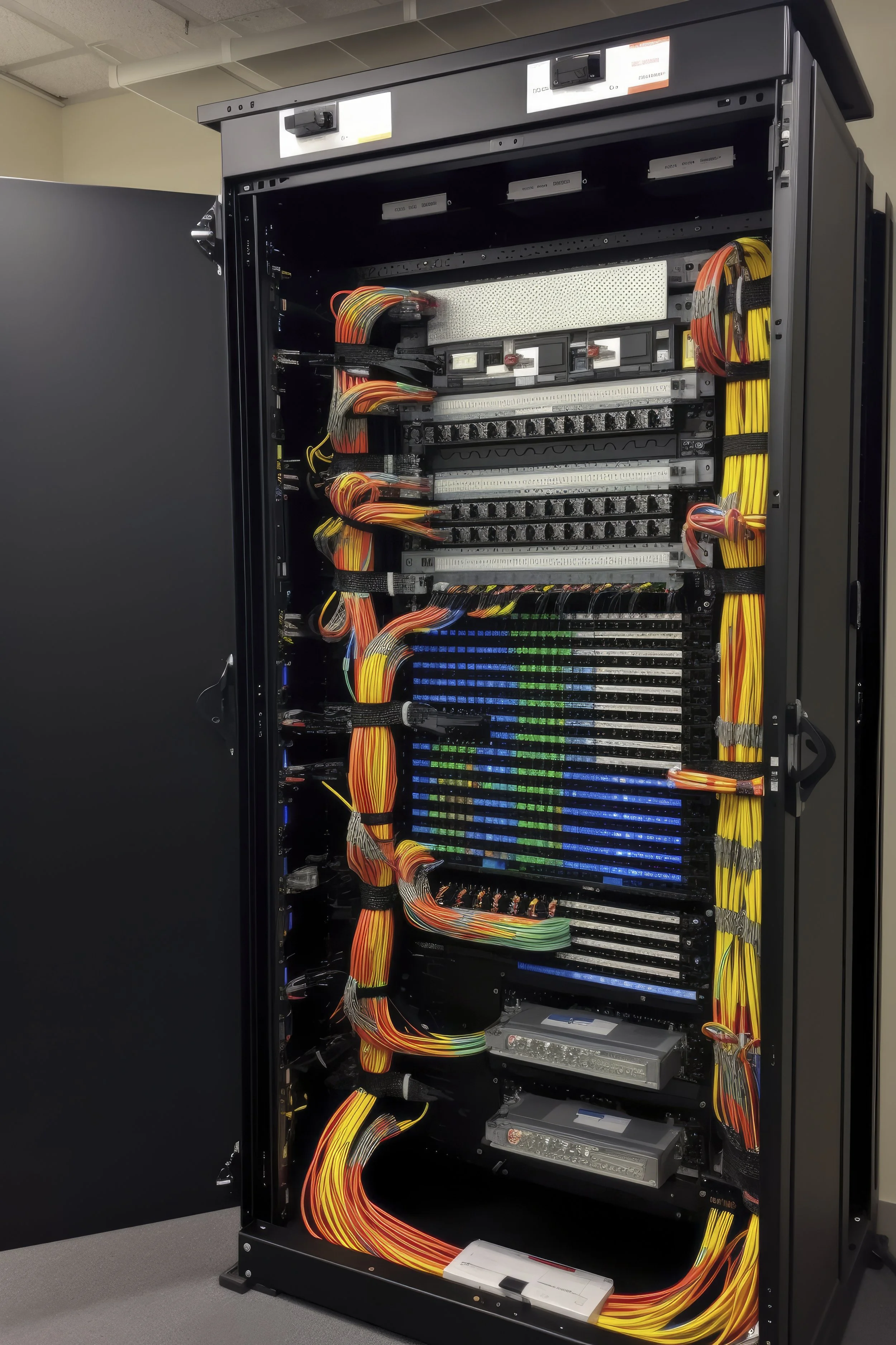 Open server rack with colorful bundled cables, hardware components, and illuminated LED strips inside a data center.