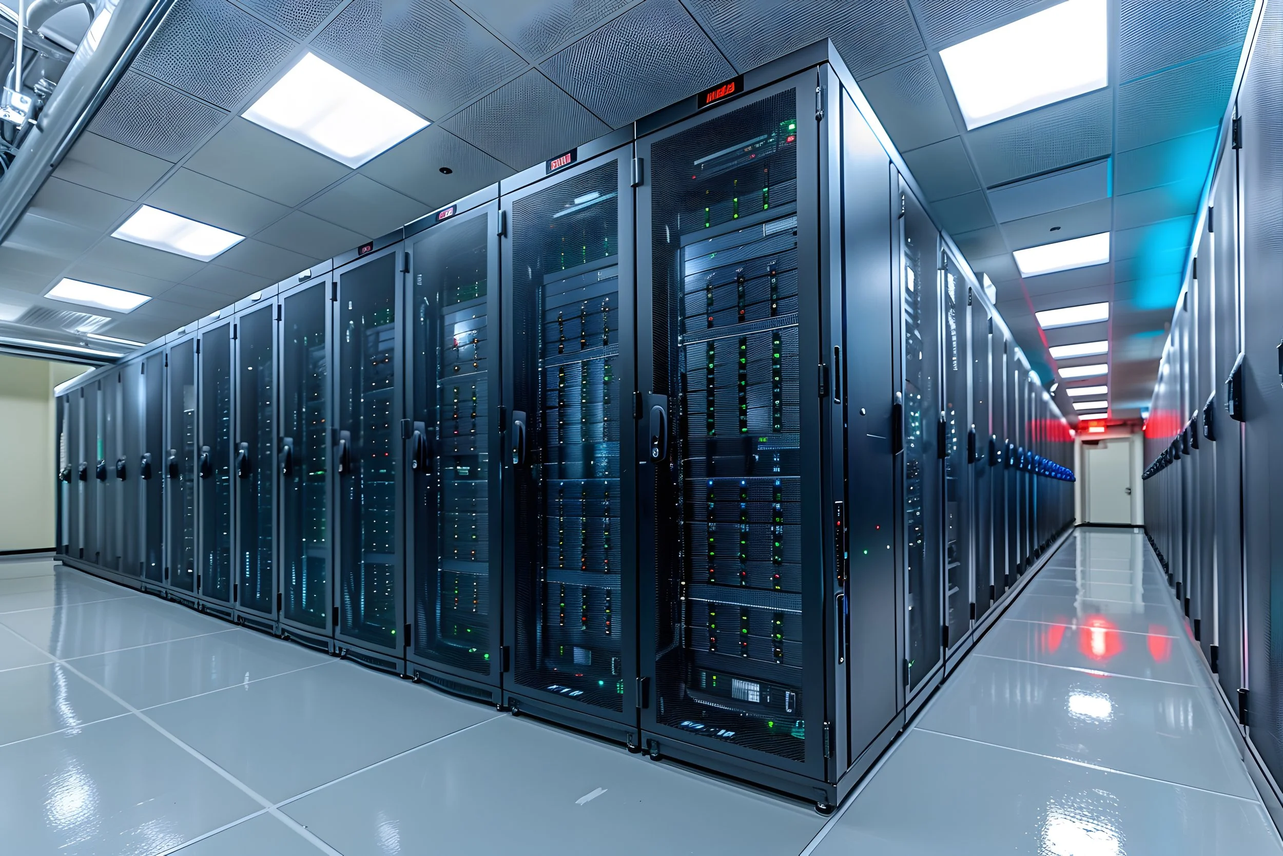 Row of server racks in a data center with illuminated indicator lights and a reflective tiled floor.