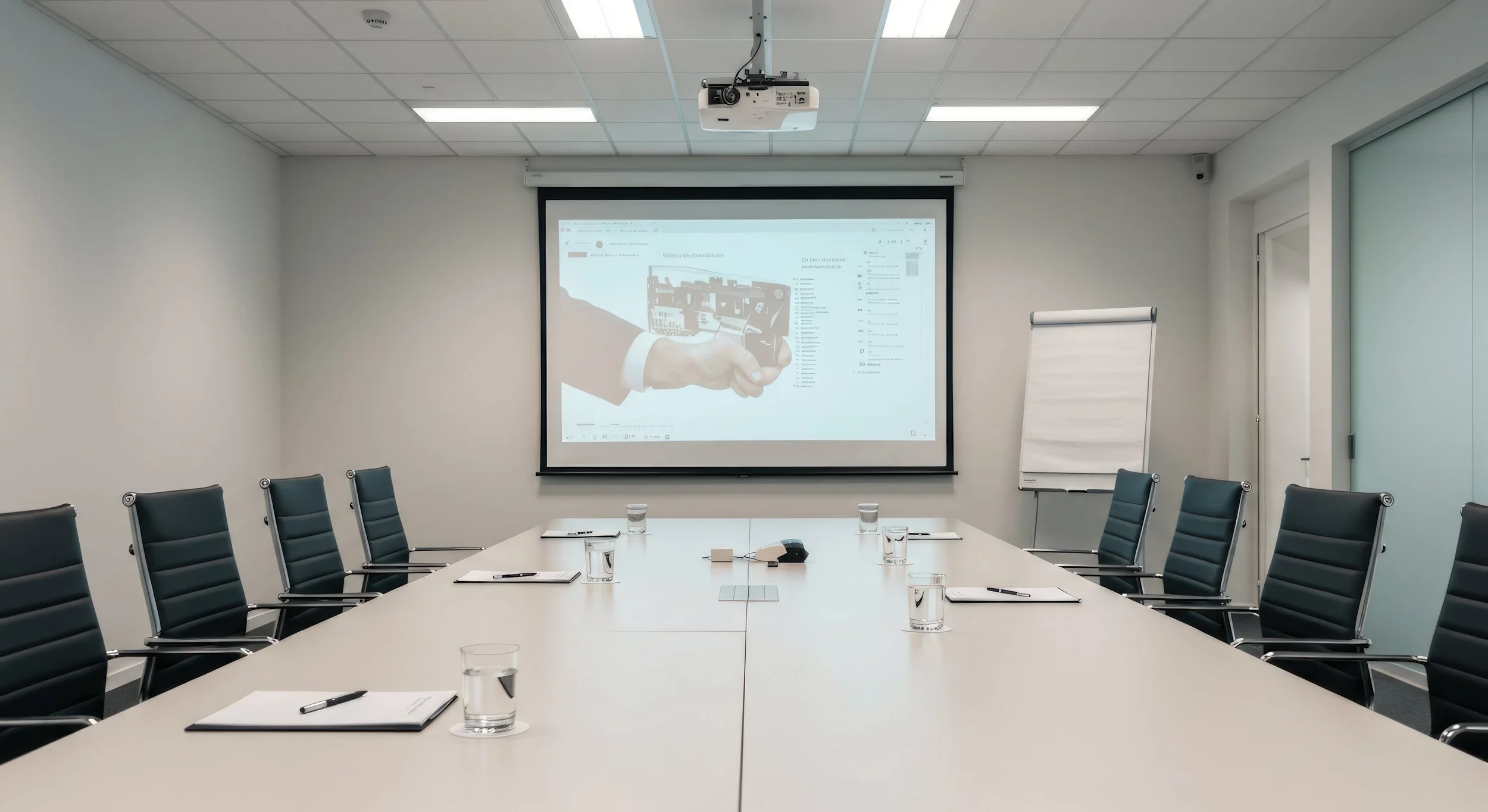 A conference room with a long table surrounded by black chairs, a projector and screen displaying a presentation, a whiteboard on a stand, and glasses of water on the table.