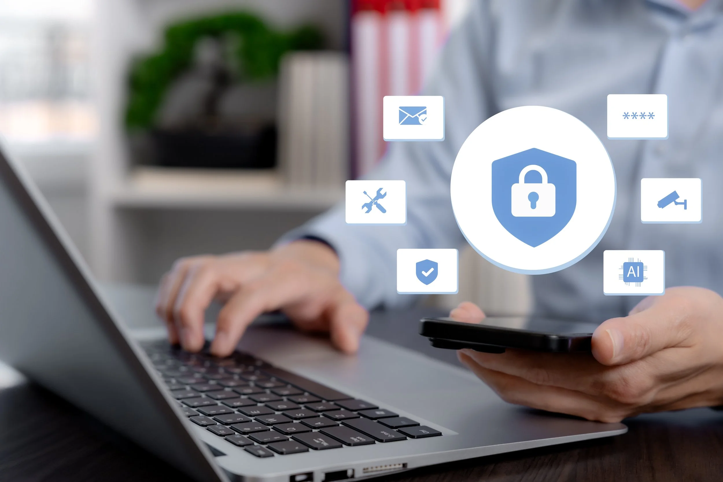 Close-up of a person using a laptop, holding a smartphone with digital security icons overlayed, including a lock symbol, email, tools, and security check icons, representing cybersecurity or digital privacy.