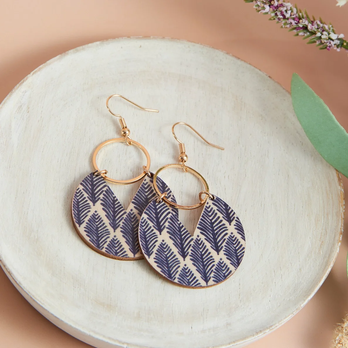 Navy Fern Drop Earrings