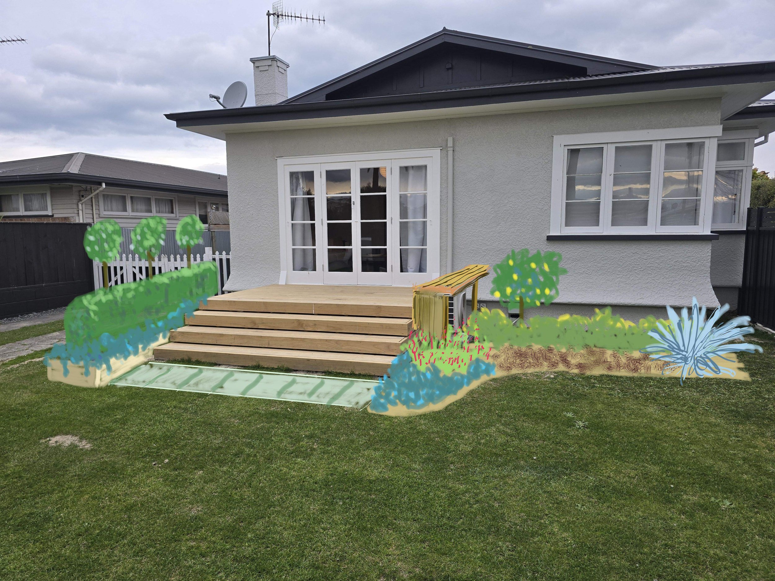 A house with a gray roof, white exterior walls, large glass double doors, and a small wooden deck with stairs leading down to a grassy yard. There are animated drawings of trees and bushes overlaid at the bottom.