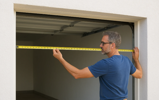 A man measuring the width of a garage opening with a yellow tape measure.