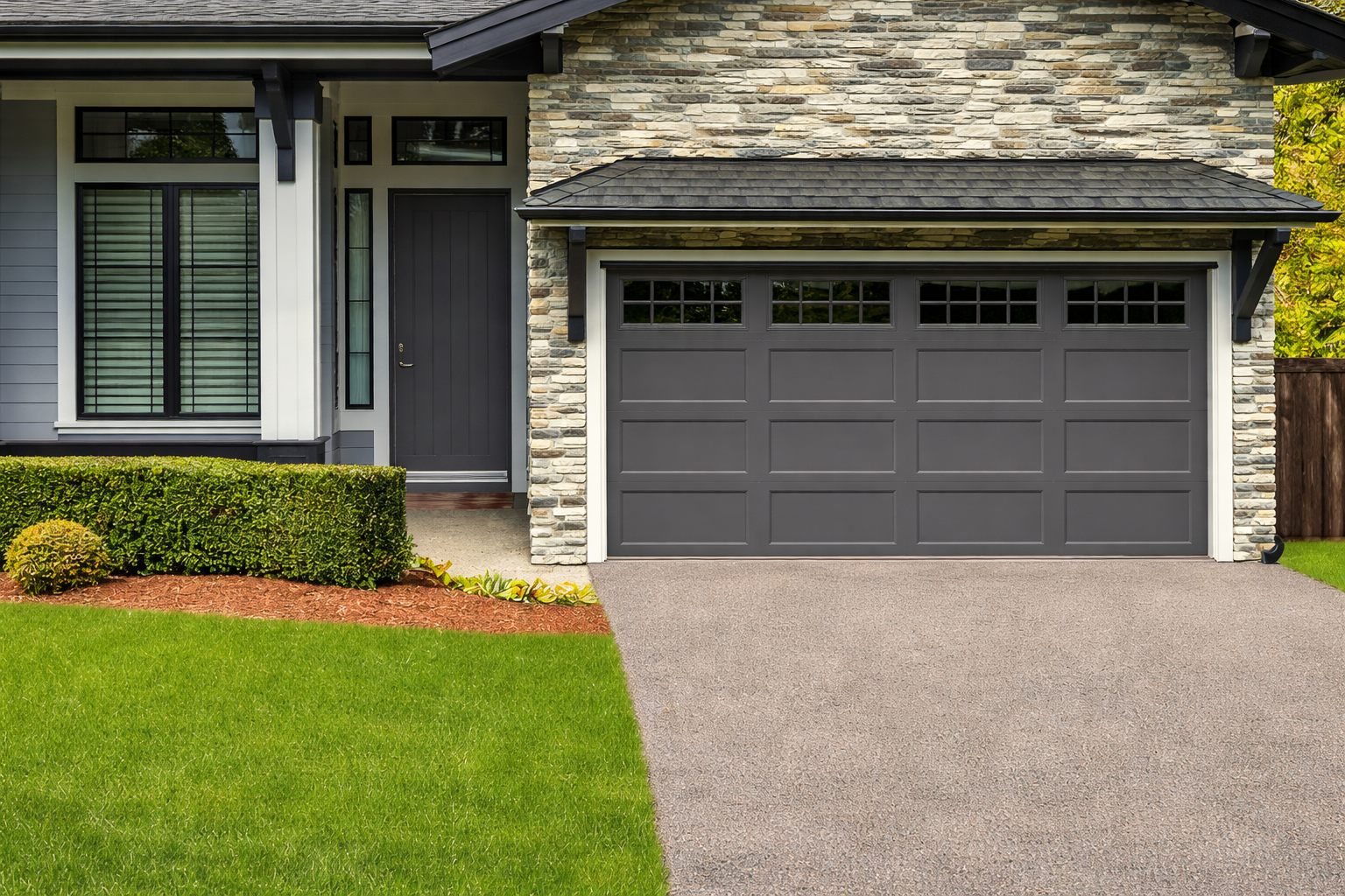 Front view of a modern house with a grey garage door, stone and siding exterior, green lawn, and a sidewalk.
