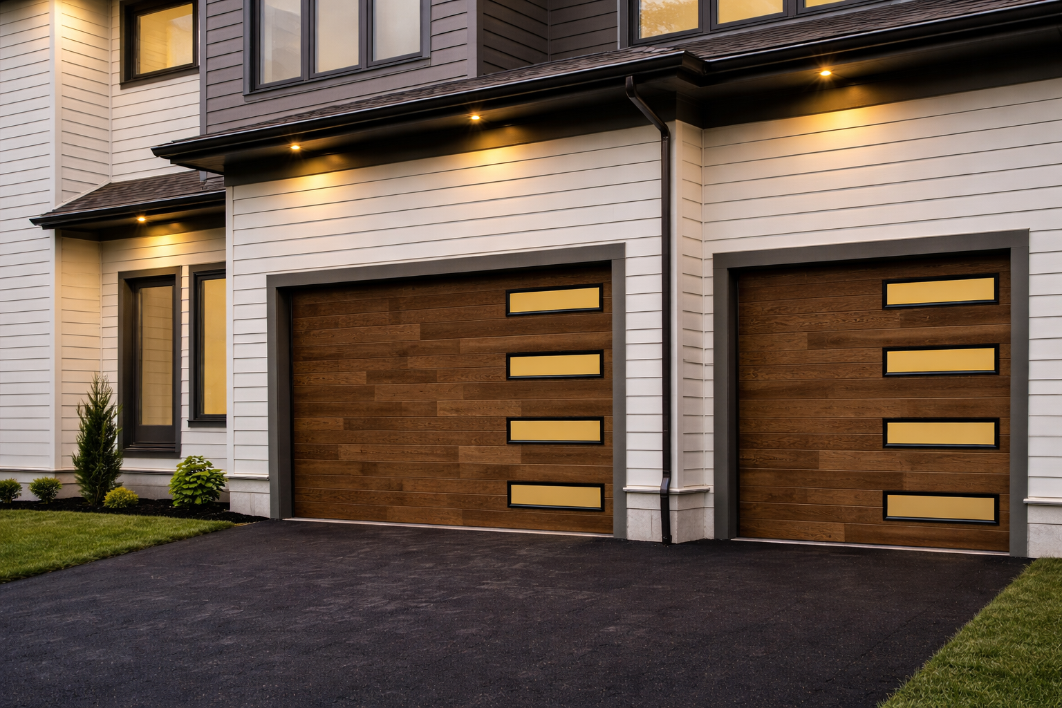 Modern house with two attached garage doors made of wood, illuminated by outdoor lights, with some shrubs and grass nearby.