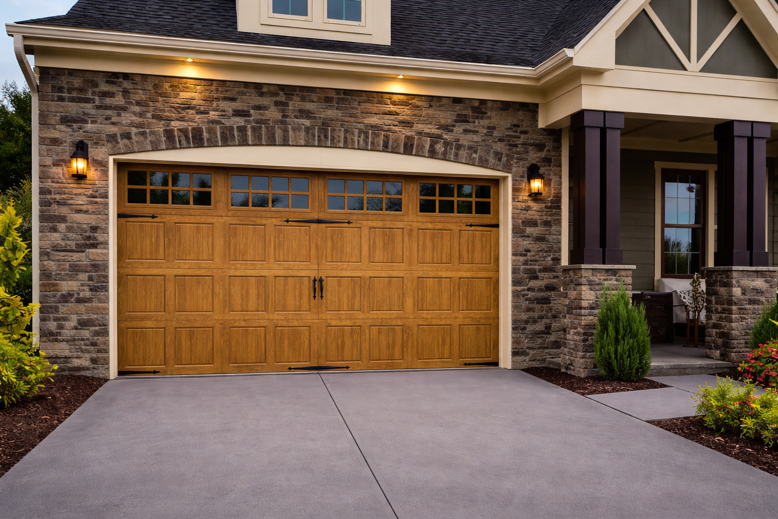 A house with a wooden garage door, stone and siding exterior, lit porch lights, and small landscaping plants.