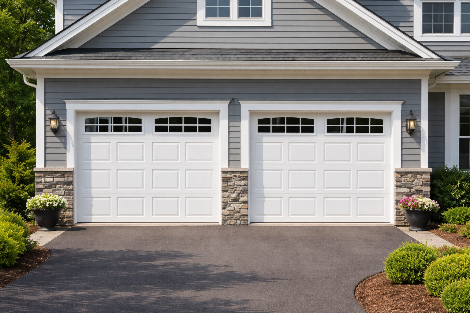 Double garage doors on a house with stone and siding exterior, surrounded by landscaped plants and flower pots.
