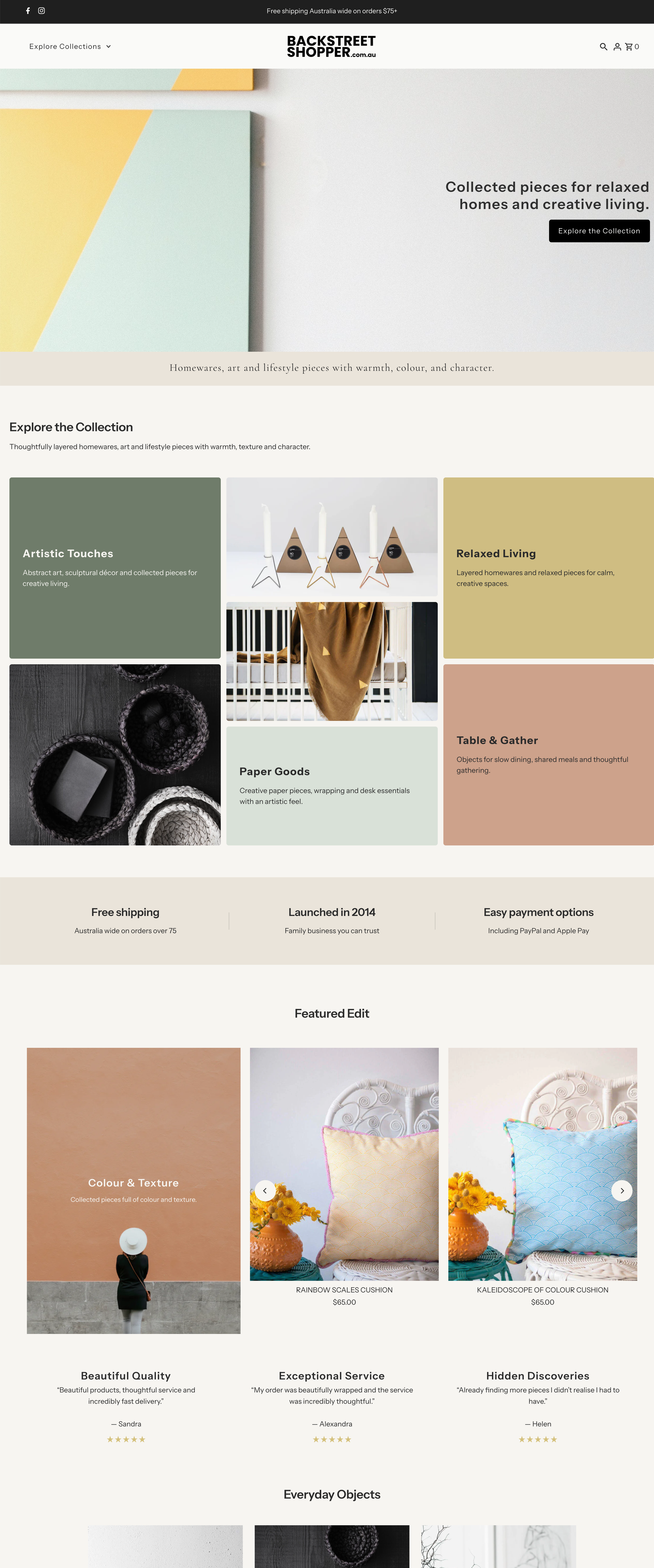 Updated Backstreet Shopper ecommerce website with refined navigation and visual direction