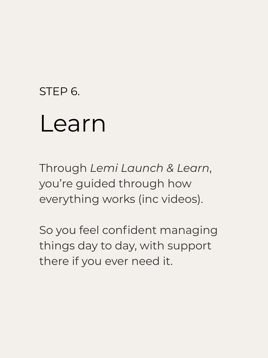 Step 6: Learn, with guidance on how everything works through Lemi Launch & Learn, to help manage daily tasks confidently with support.