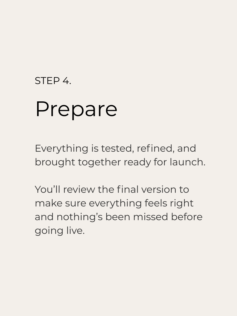 Instructions for Step 4: Prepare, emphasizing testing, refining, and reviewing before launch.