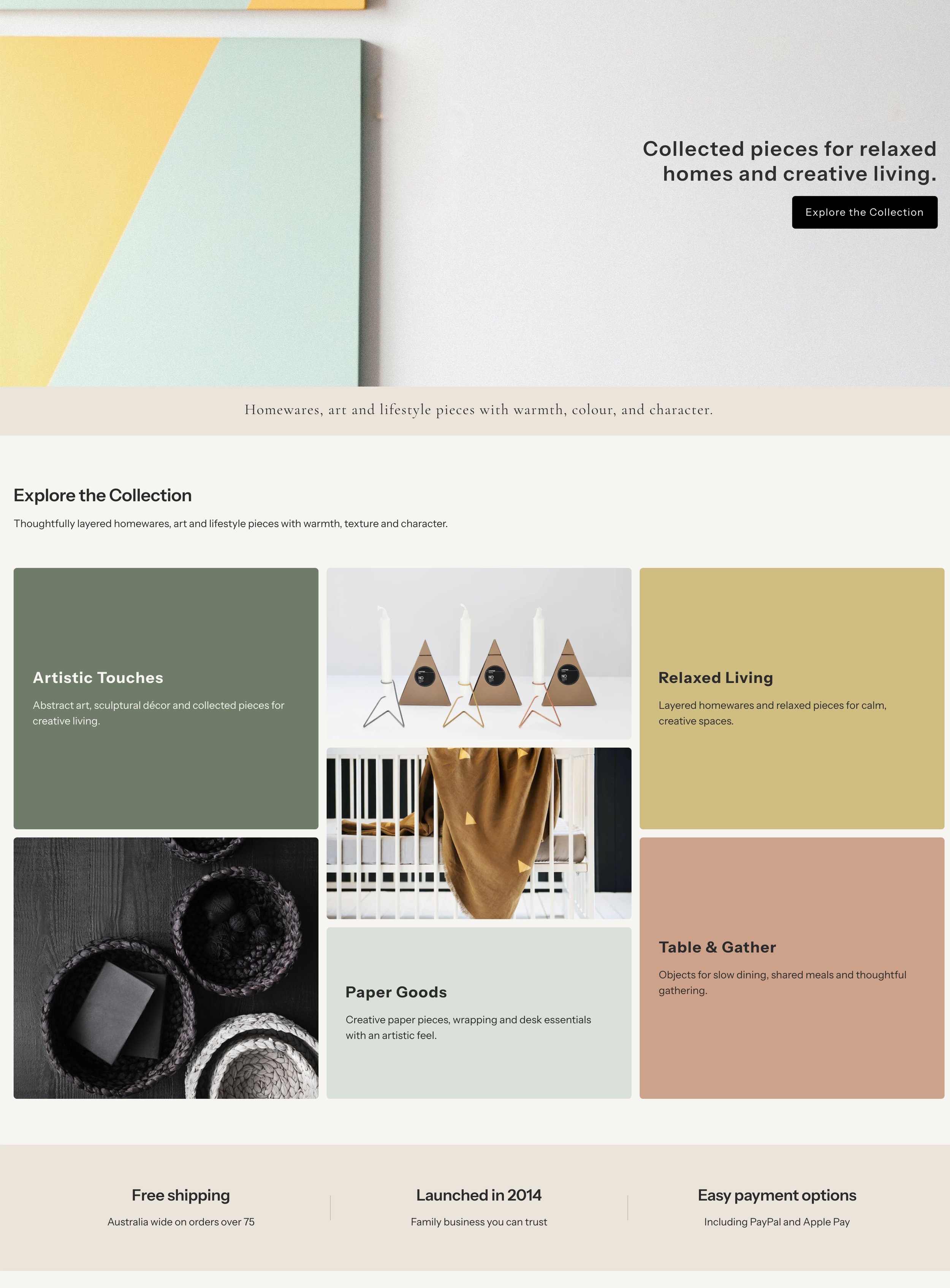 Online retailer before and after case study by Lemi. Page shows the homepage which includes a collection of homeware, art, and lifestyle pieces in various pastel shades.