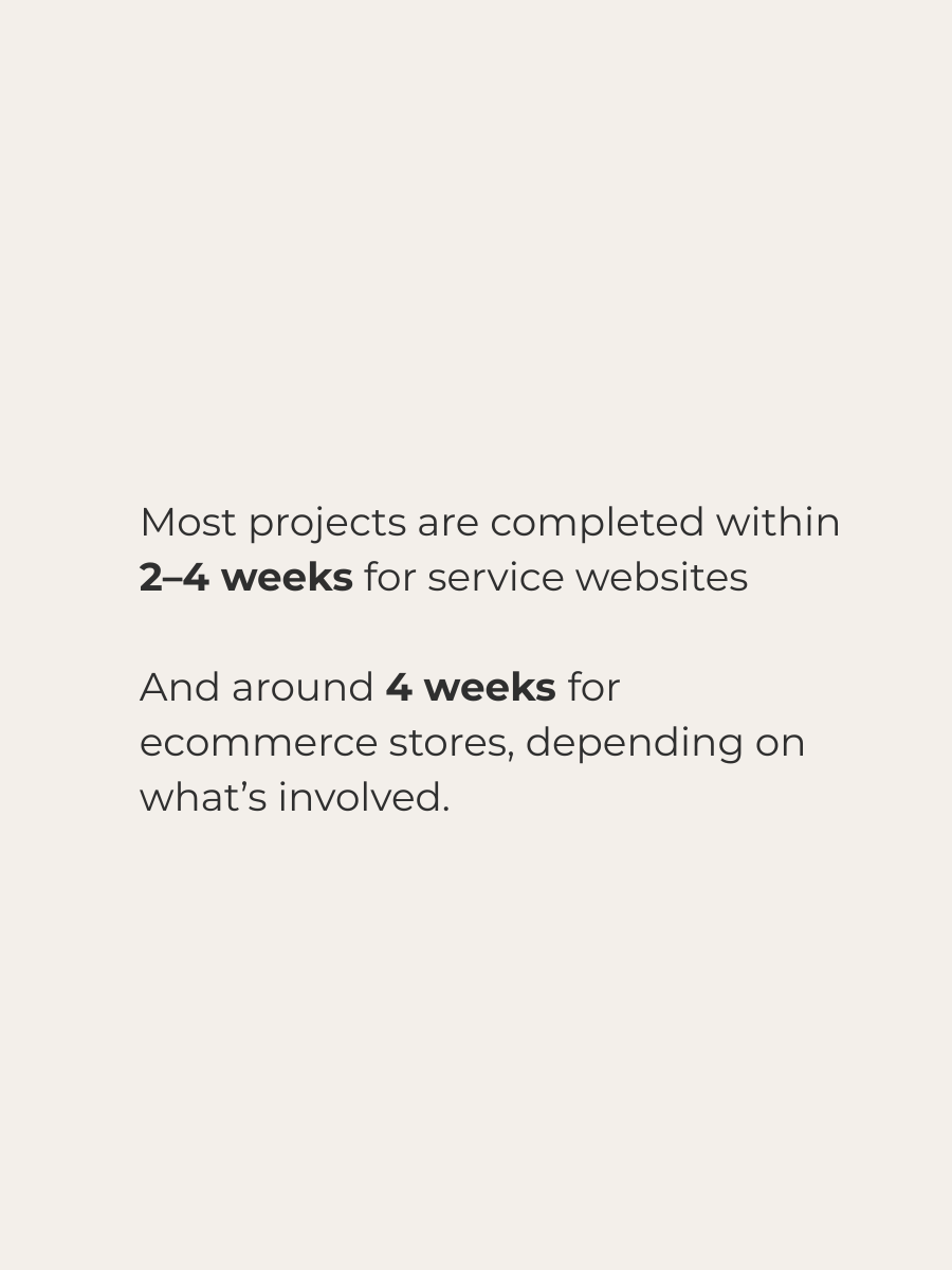 Text on a light background stating that most projects are finished in 2-4 weeks for service websites and around 4 weeks for ecommerce stores, depending on the details.