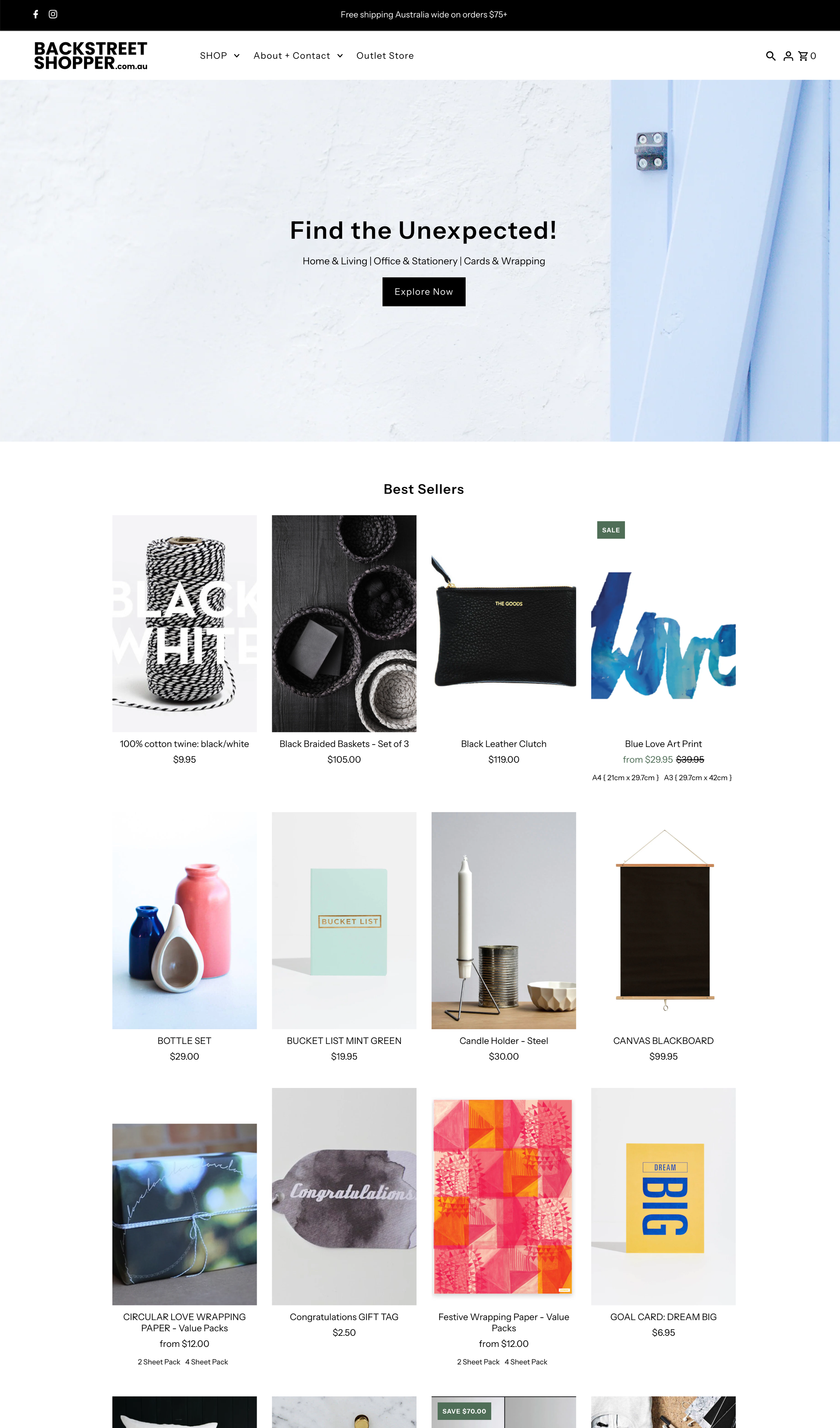 Screenshot of the Backstreet Shopper website homepage featuring holiday gift and home decor products, with sections for best sellers, gift wraps, and cards.