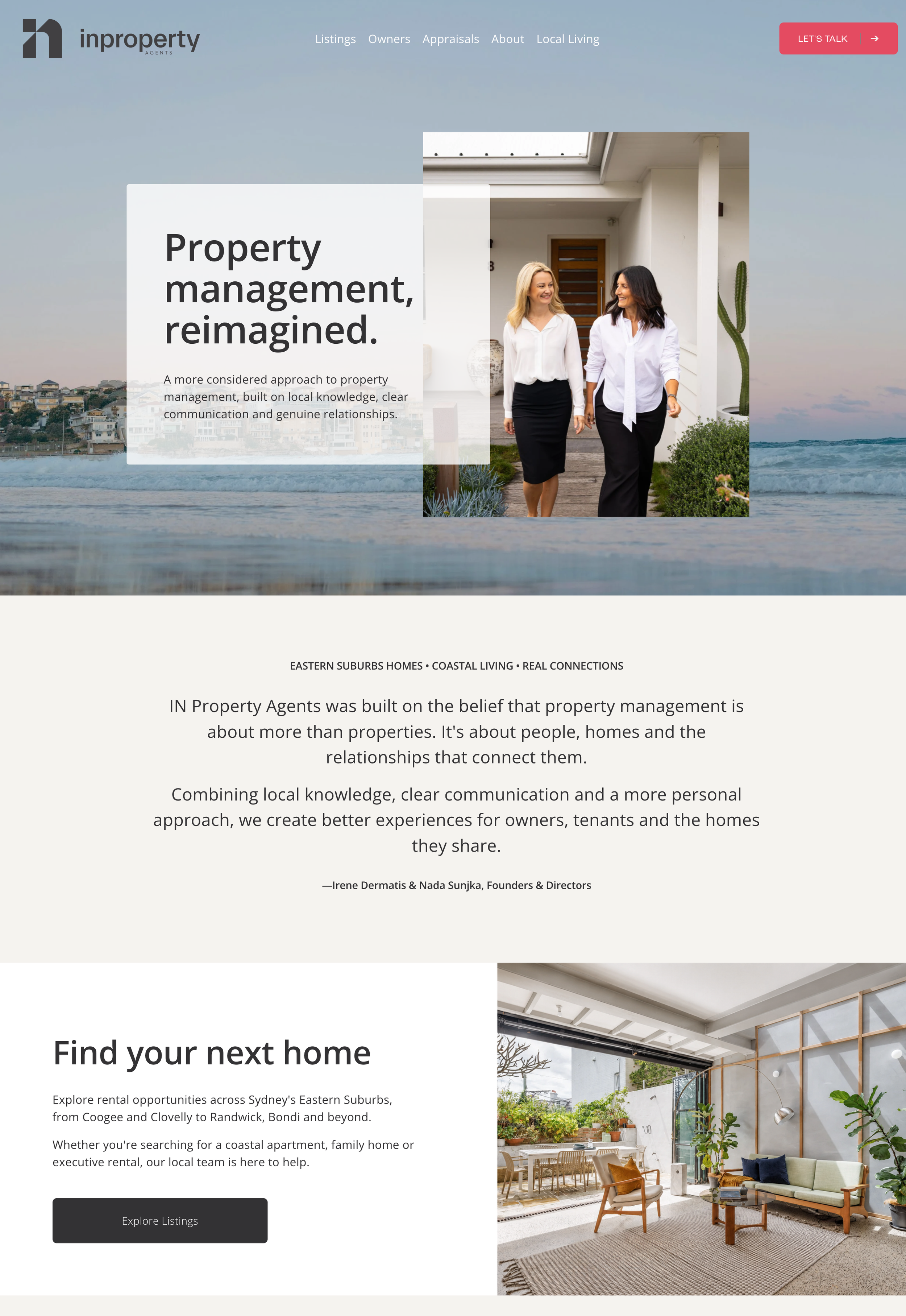 Property management Case Study by Lemi, homepage showcasing a header with navigation links, a promotional image of two women walking in front of a house, and a section about finding homes with an interior photo of a bright living room.