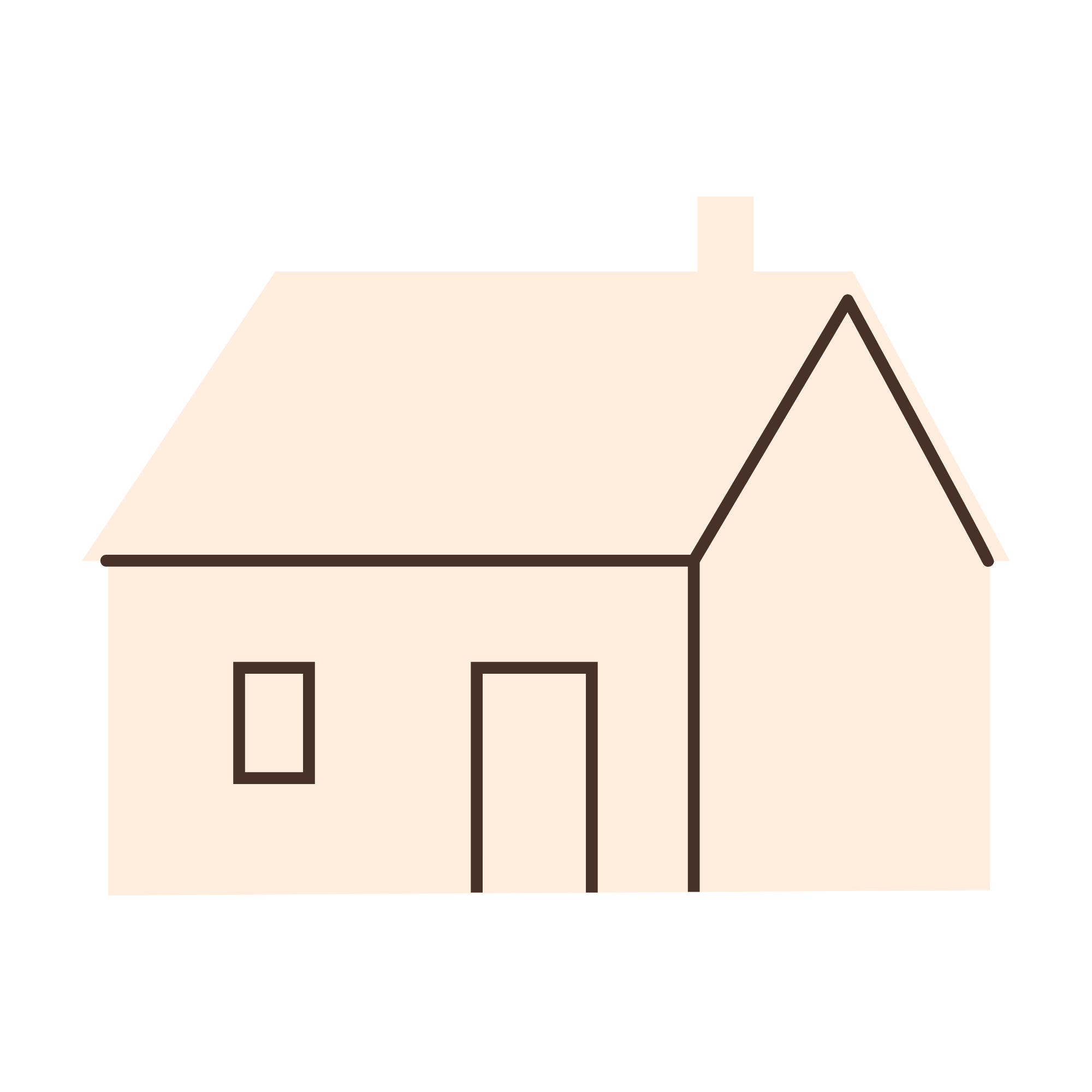 A simple illustration of a house with a pitched roof, door, and windows, drawn in a minimalist style.