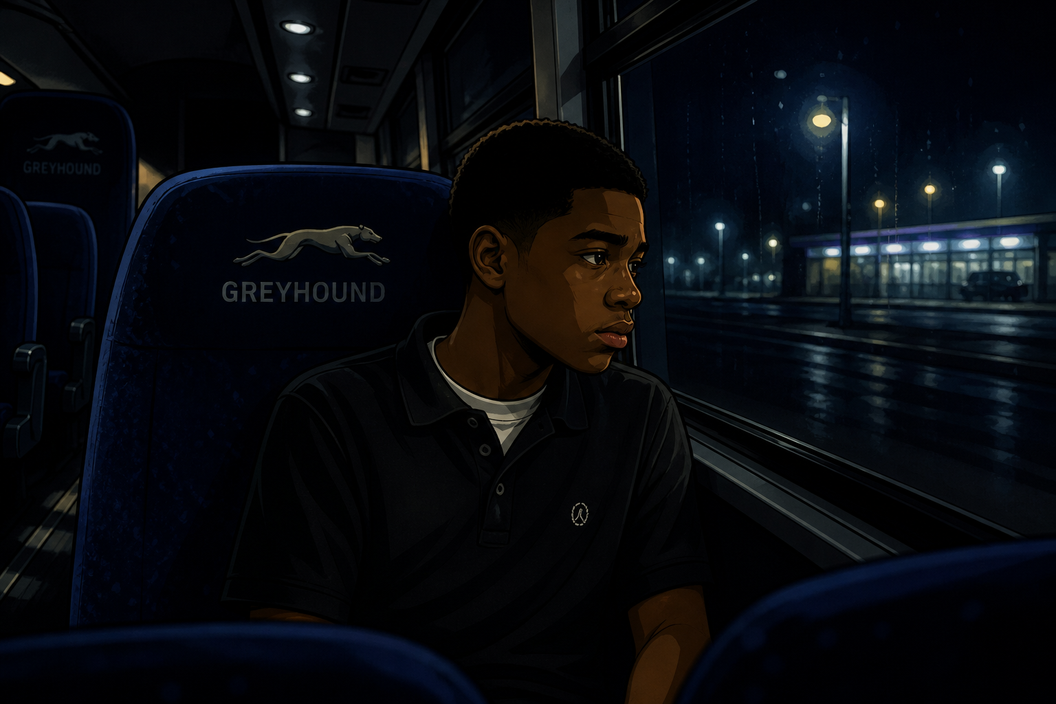 Cartoon image of boy on a bus
