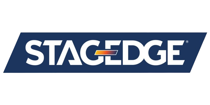 The Stagedge logo, read as "stage edge" - sharp white capital lettering across an angled blue background, an orange design forming a hypthen and middle section of the "e" between "stag" and "dge."