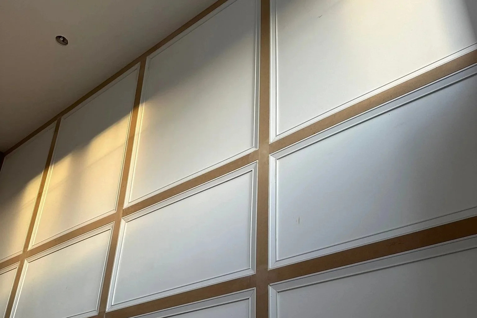 Close-up of white wall panels wainscotting with decorative molding.