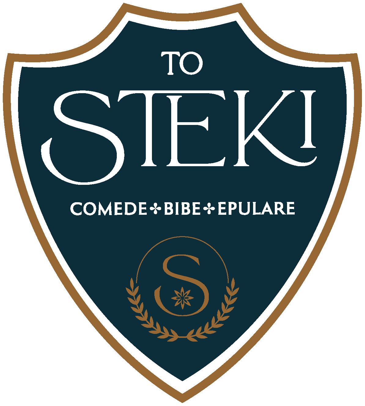 A shield-shaped emblem with the text 'To STEKU' and the words 'Come de Bibe Epulare' in Latin, featuring a decorative 'S' inside a wreath at the bottom.