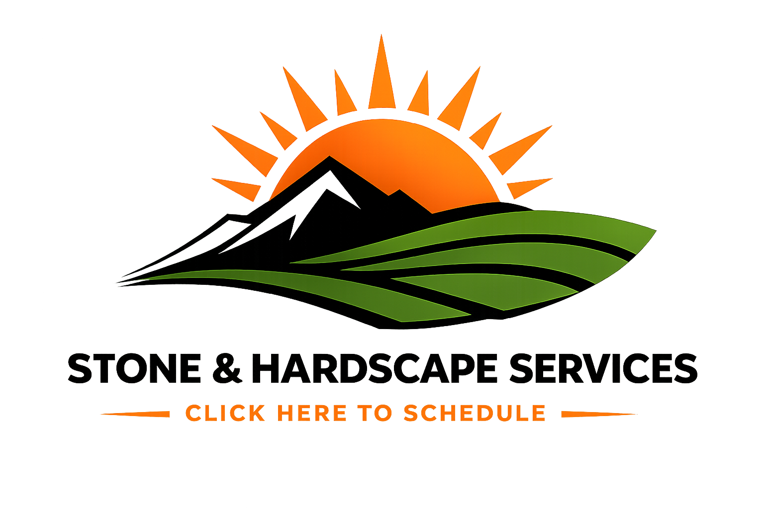 Logo for stone and hardscape services featuring a stylized mountain and sun design with text inviting to schedule an appointment.