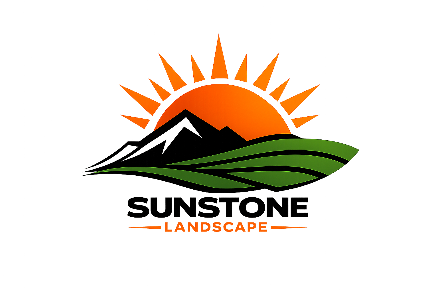 Logo for Sunstone Landscape featuring a stylized sun with rays, mountains, and green fields.