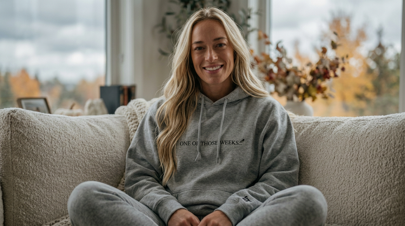 Firefly_Gemini Flash_The woman in picture 4. Sweatshirt text from image 3 is clearly visible. She's comfor 315698.png