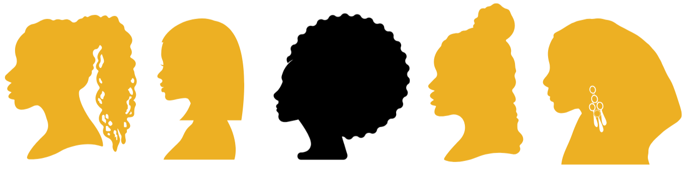Four silhouetted profiles of women with different hairstyles and earrings facing sideways.