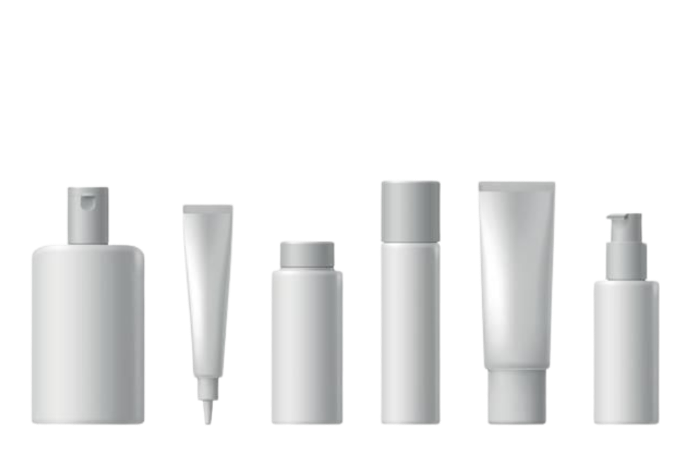 Six white cosmetic bottles and tubes of various sizes and shapes, arranged in a row against a plain background.