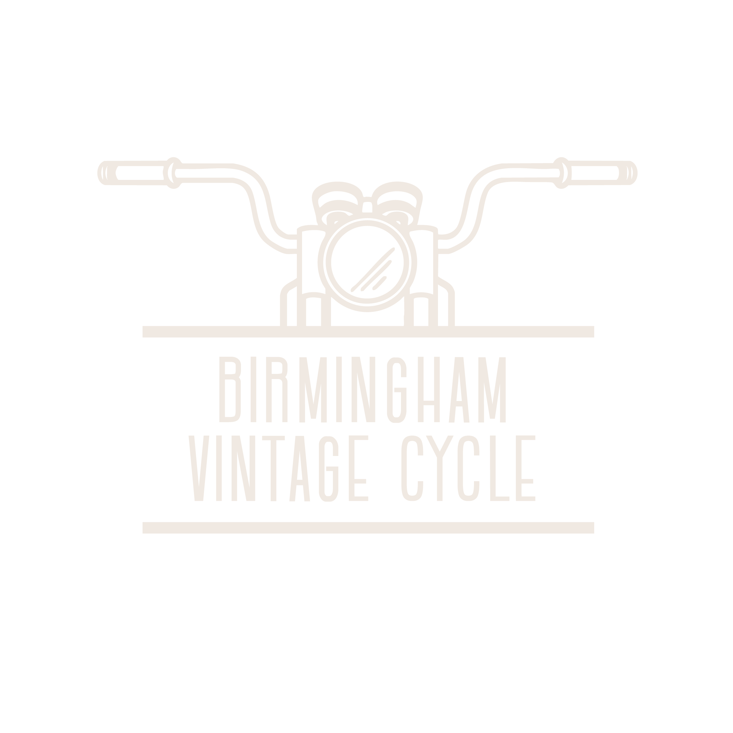 A black background with a white outline drawing of a vintage motorcycle handlebar and the text 'Birmingham Vintage Cycle' in bold, capital letters. Birmingham Vintage Cycle logo, BVC, vintage motorcycle shop in Birmingham Alabama