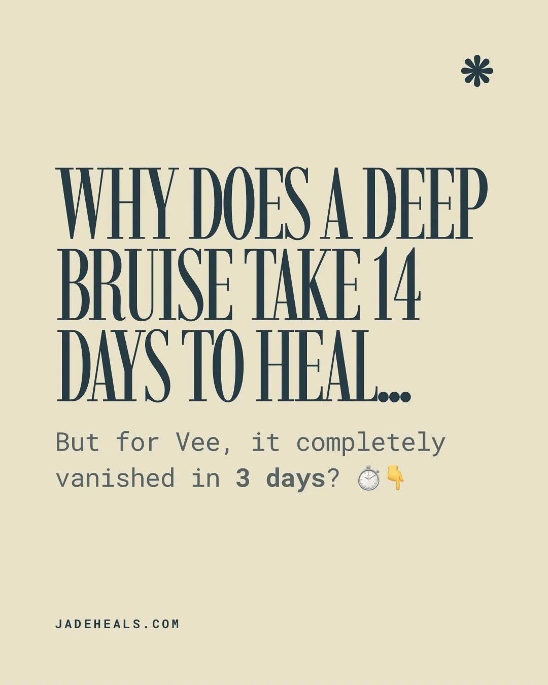 Ever wonder why a deep bruise takes up to 14 days to fade? ⏳ 

Swipe through to see how Vee fast-tracked her recovery and made hers vanish in just 3 days using the precise, bio-available chemistry of Jade Heals Recovery Oil. ➡️

We don&rsquo;t change