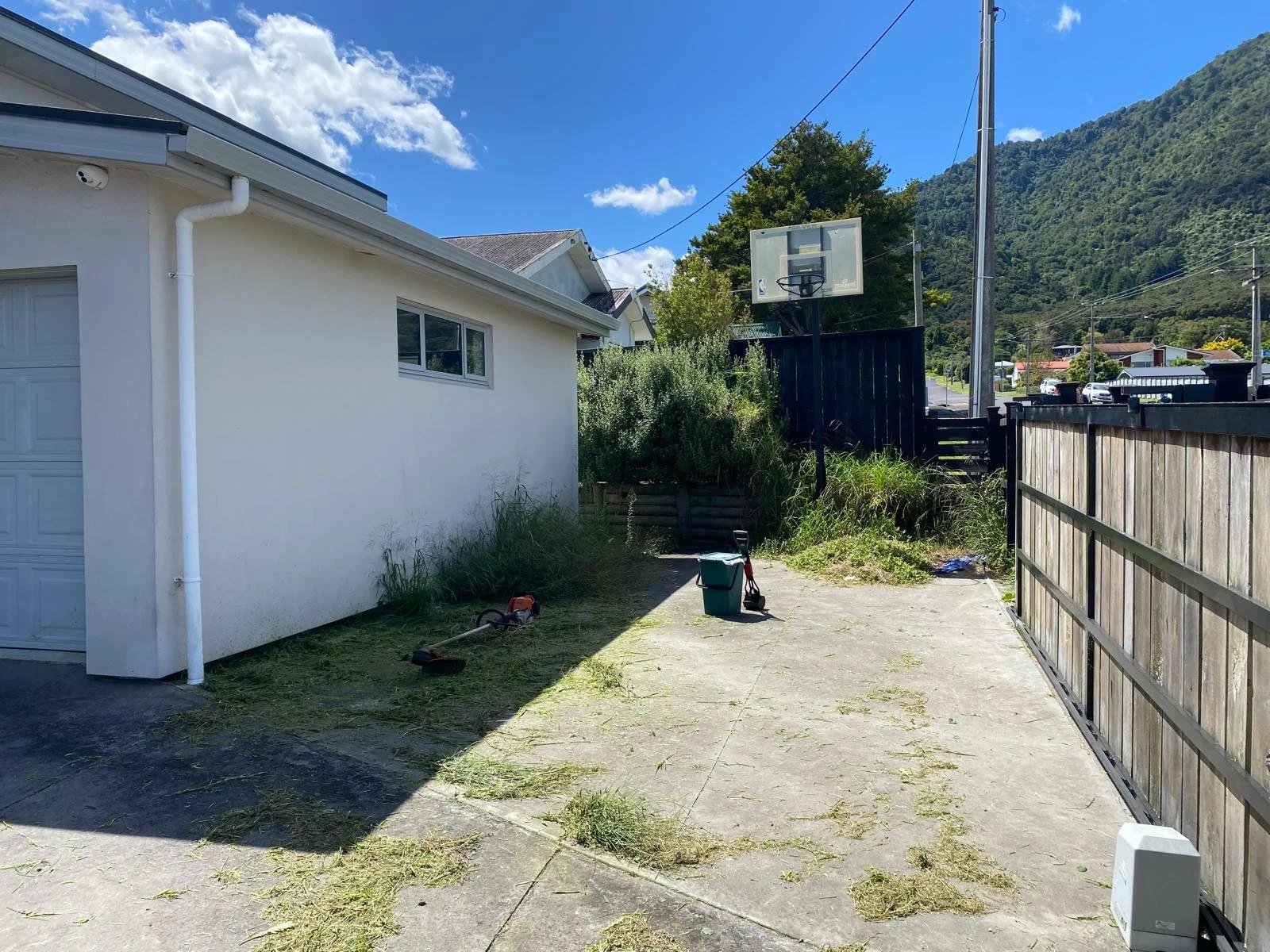 A backyard with a concrete patio, a basketball hoop, and a garden area with overgrown plants. There is a white house on the left with a small window and a garage door. Items like a weed trimmer, a trash can, and some boxes are on the patio. The yard is partially shaded, with mountains and a bright blue sky in the background.