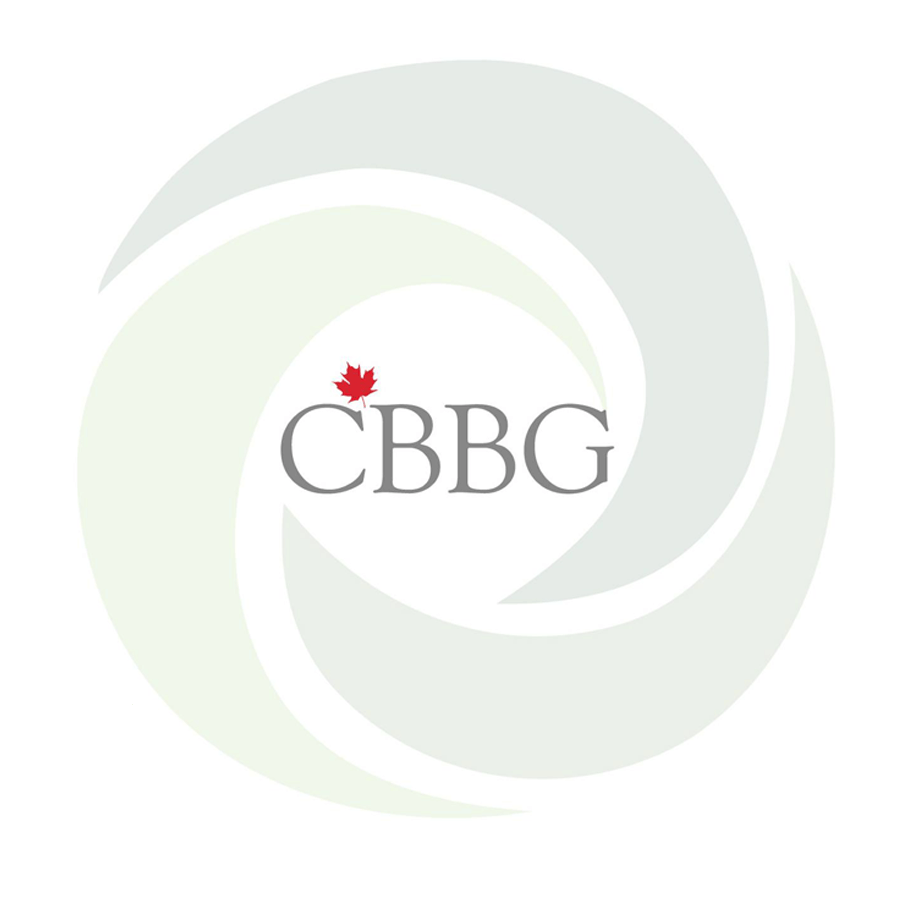 Logo with a red maple leaf above the letters 'CBBG' in gray, surrounded by a faint spiral pattern on a white background.