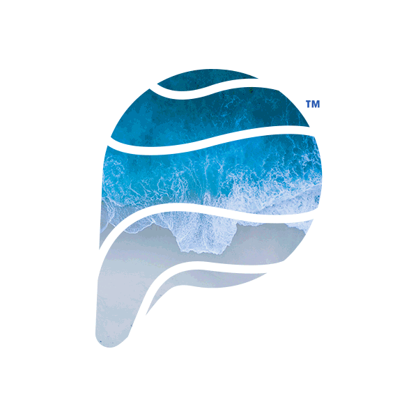A logo with a stylized whale shape filled with an image of ocean waves and sky, incorporating white curved lines.