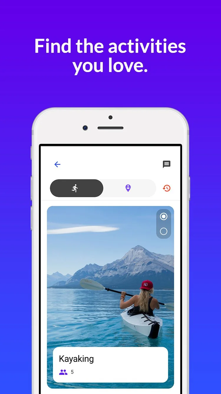 A person kayaking on a lake with mountains in the background, wearing a red hat, in an app interface showing activities list, with the activity 'Kayaking' selected.
