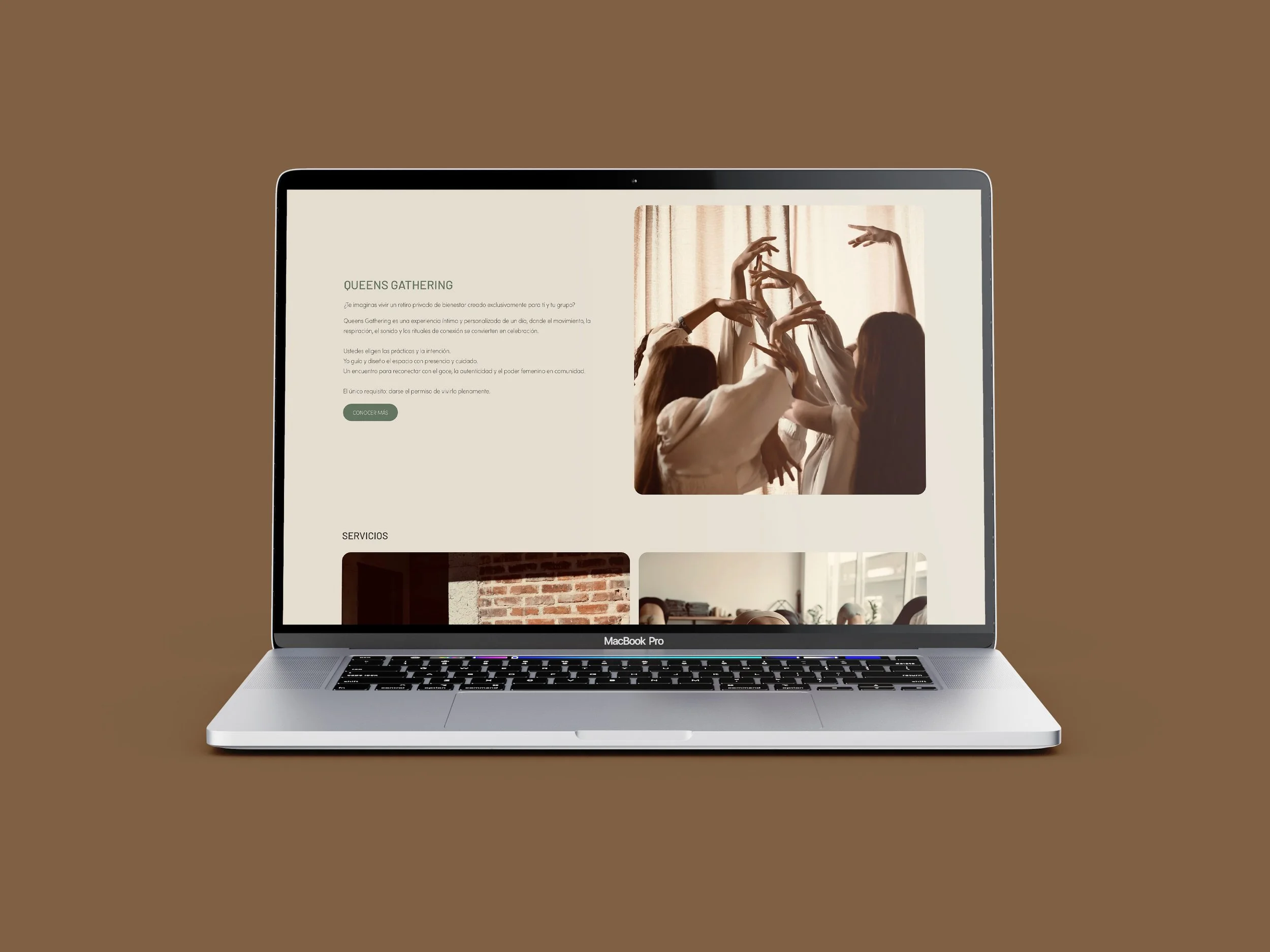 MacBook Pro displaying a webpage with the title 'Queens Gathering' and a photo of women dancing with raised arms behind beige curtains.