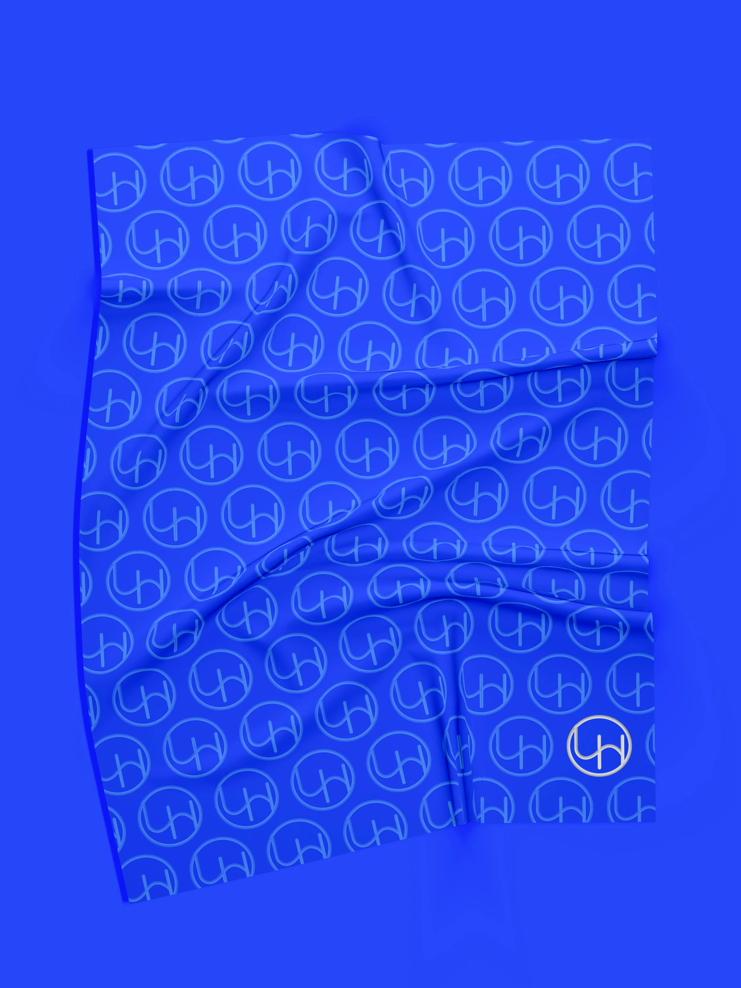 A sheet of blue paper with a repeating logo pattern of a circle containing a stylized 'H' and 'Y' in a circle, all in shades of blue.