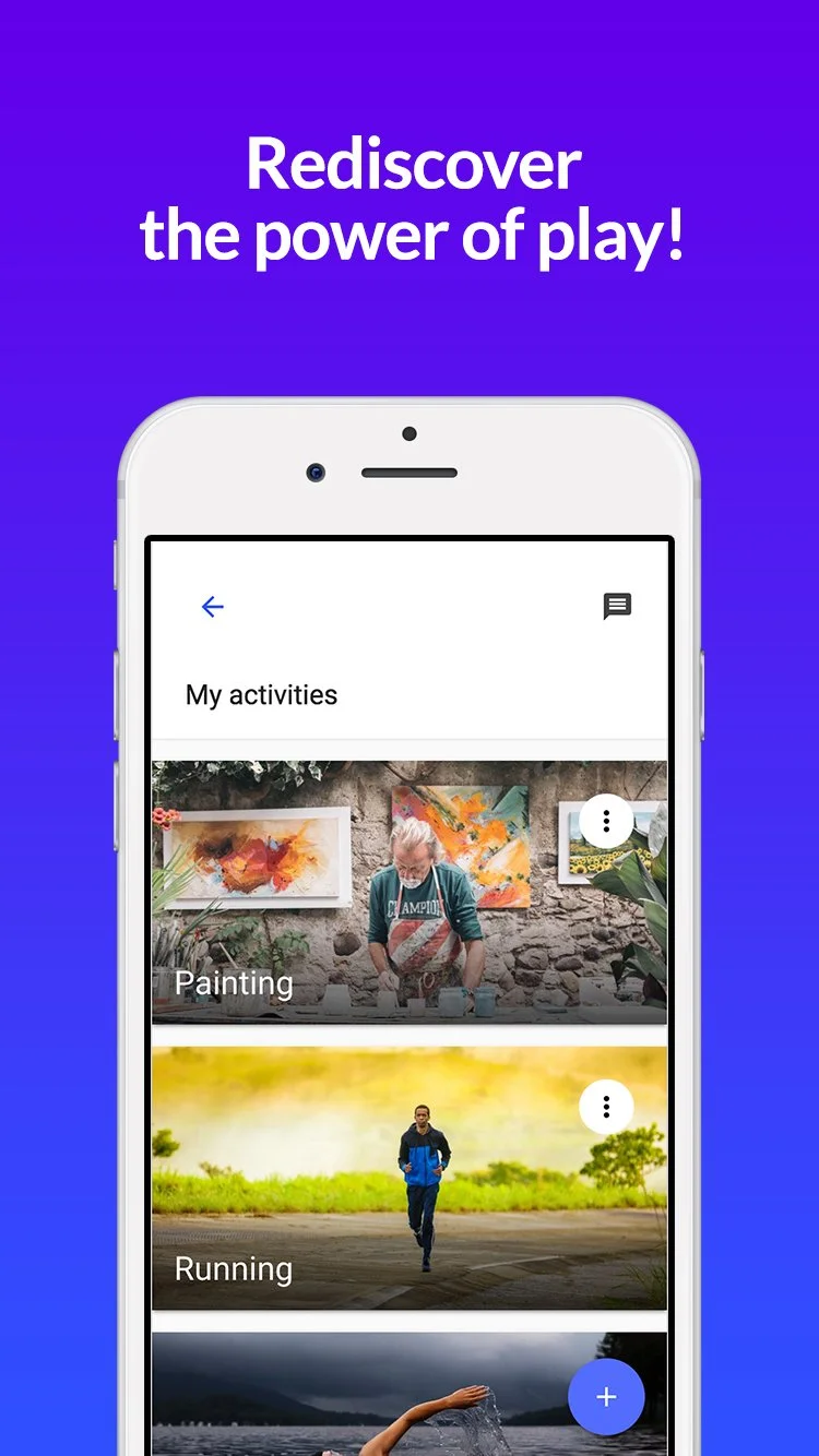 Smartphone screen displaying a fitness app with activities named Painting and Running against a purple background with the text "Rediscover the power of play!"