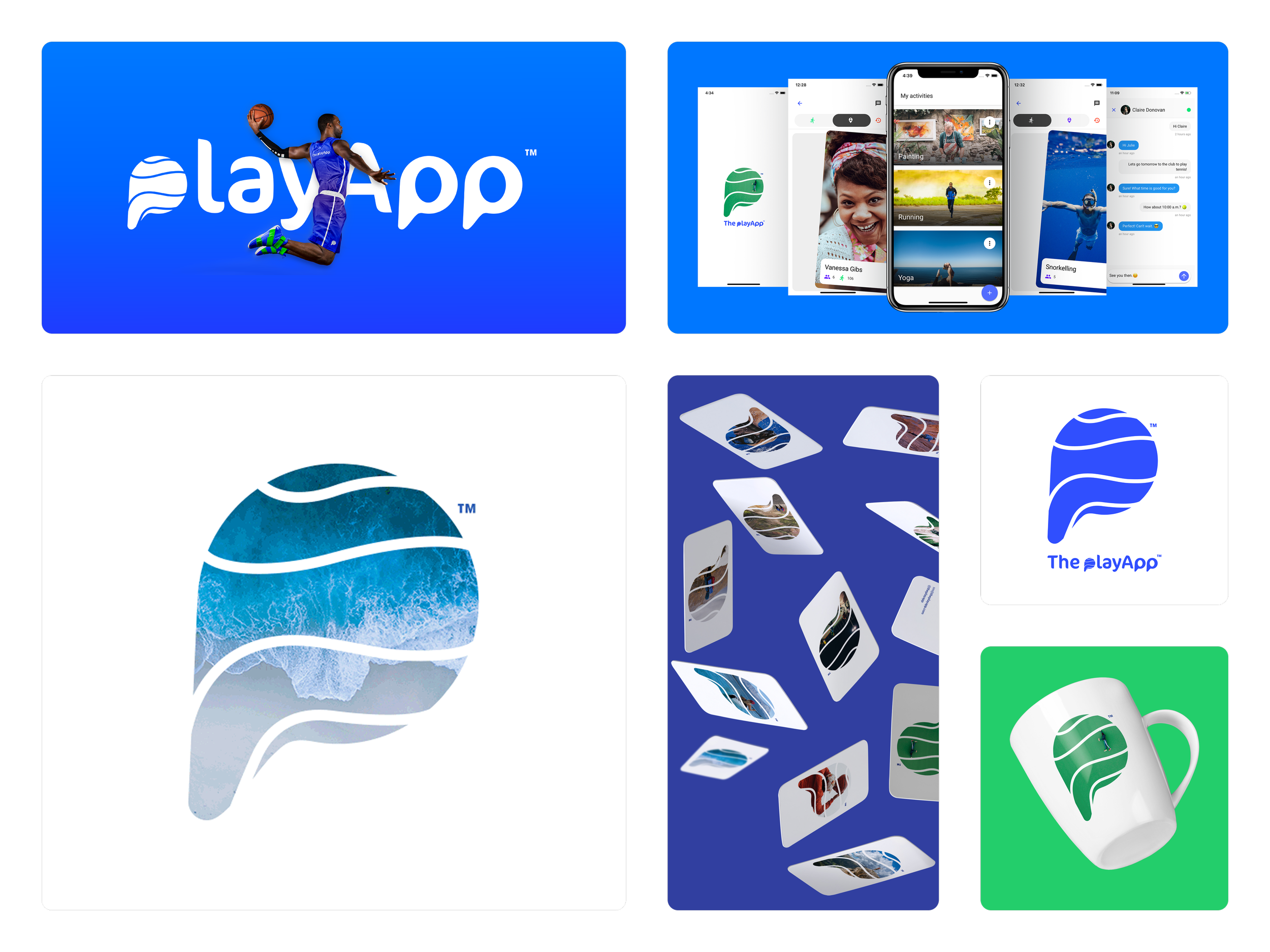 The image shows the branding and mobile app interface of 'PlayApp'. It includes a logo with a stylized green leaf and waves, a person skydiving wearing blue sportswear, screens displaying various app features such as activity tracking, messaging, and photo sharing, as well as a set of illustrated app icons and a white coffee mug with the green leaf logo.
