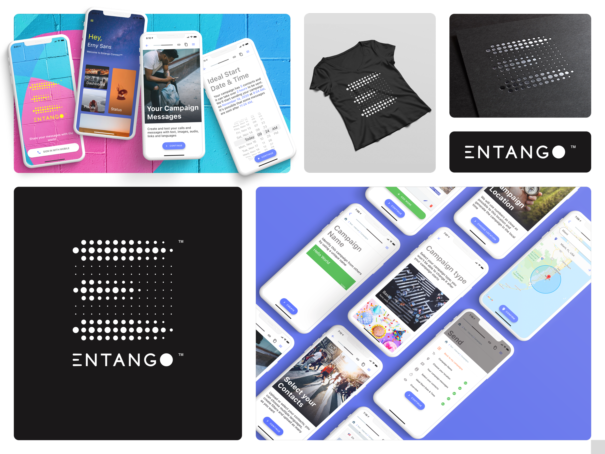 Collection of digital marketing and campaign management mobile app screens featuring a smartphone mockup, campaign creation, contact selection, and map interface, along with Entango branding logos.