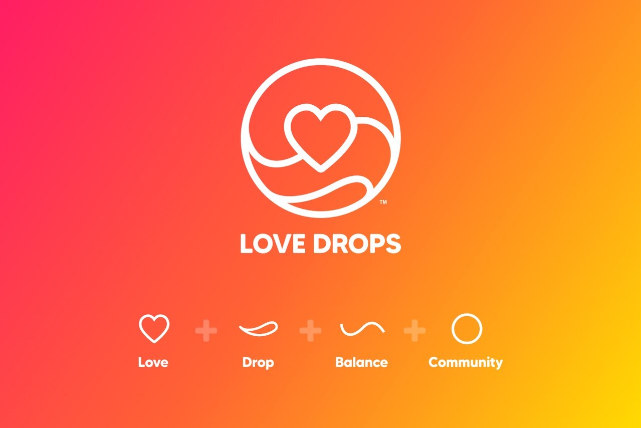 Graphic with a heart and hand outline, labeled 'Love Drops' at the center. Below, icons representing love, drop, balance, and community, with text labels.