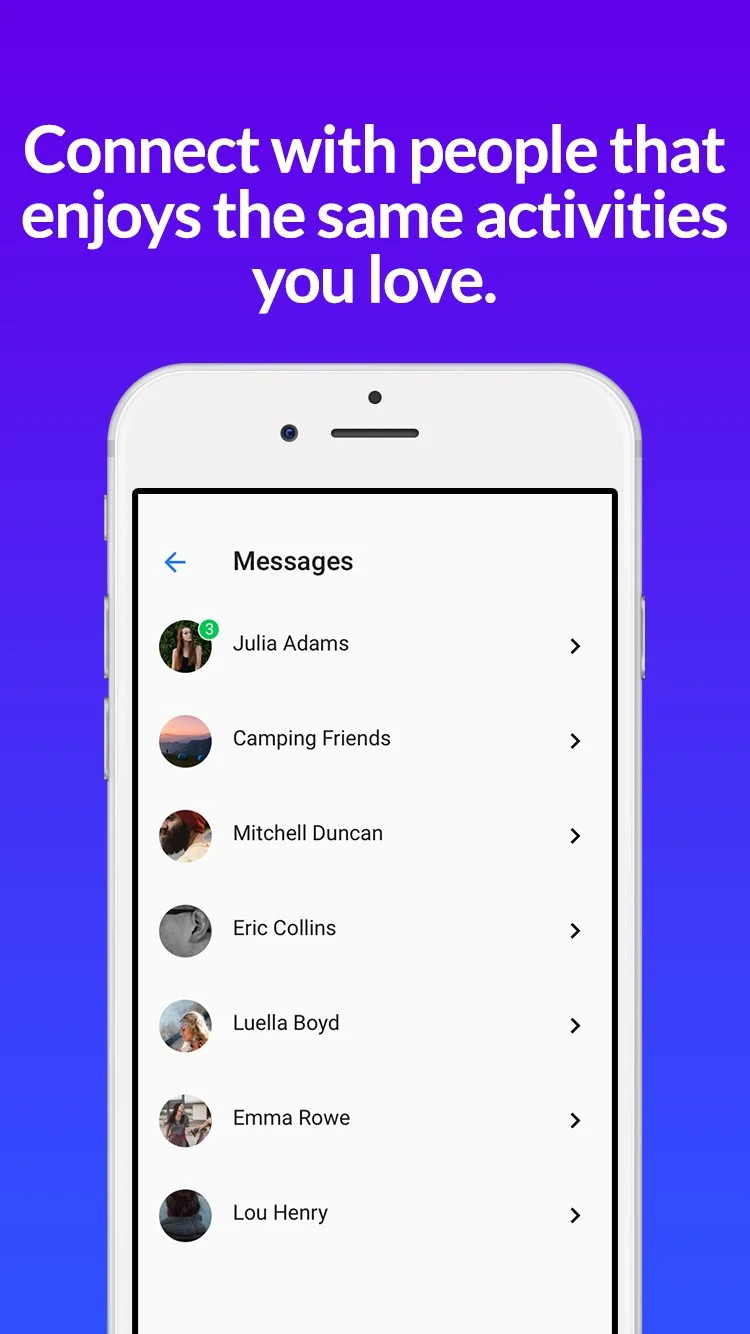 Smartphone screen displaying a messaging app with conversations from friends and a purple background that says, 'Connect with people that enjoy the same activities you love.'