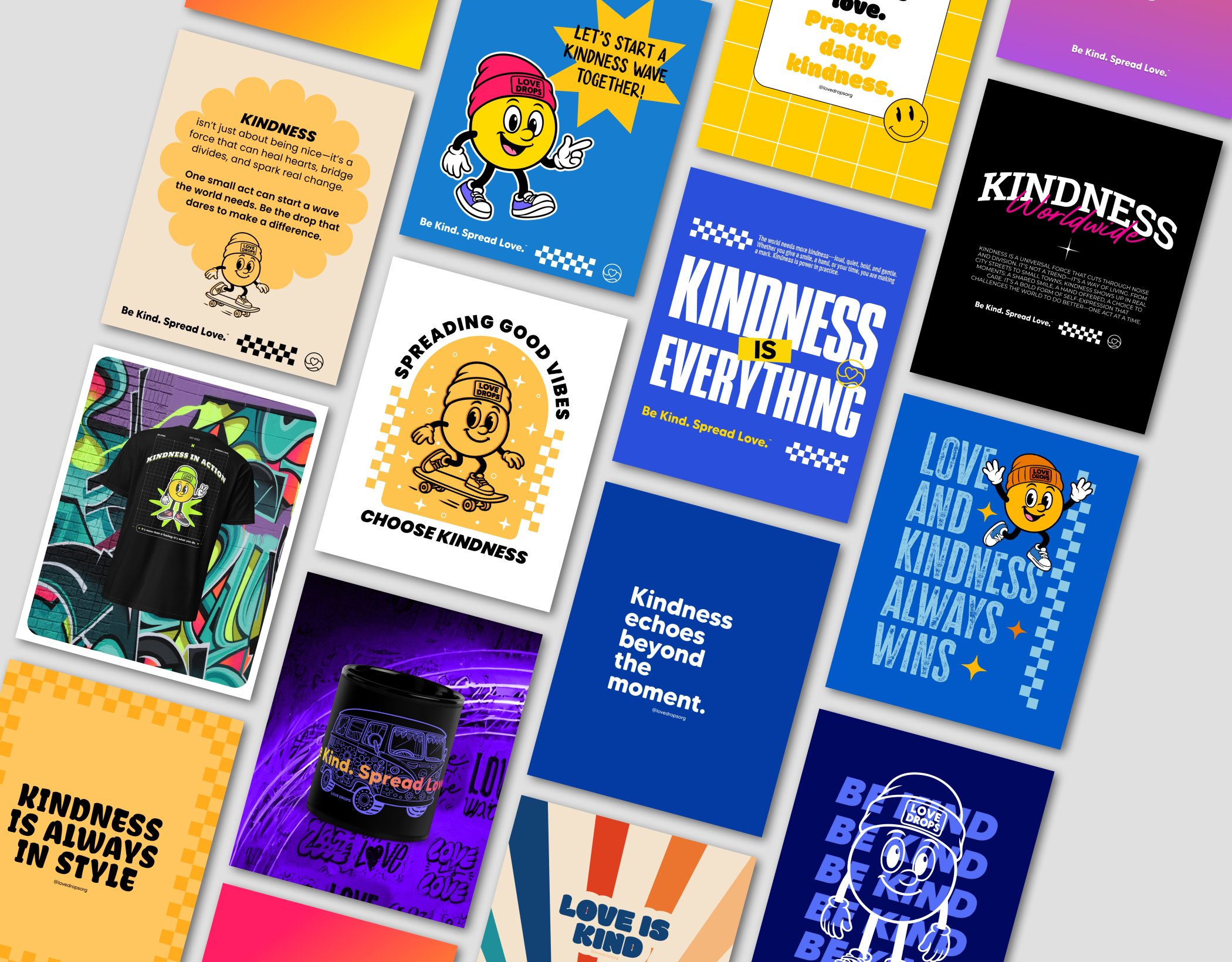 A collage of colorful posters and items promoting kindness and spreading love, featuring smiling cartoon characters, motivational quotes, and vibrant designs.
