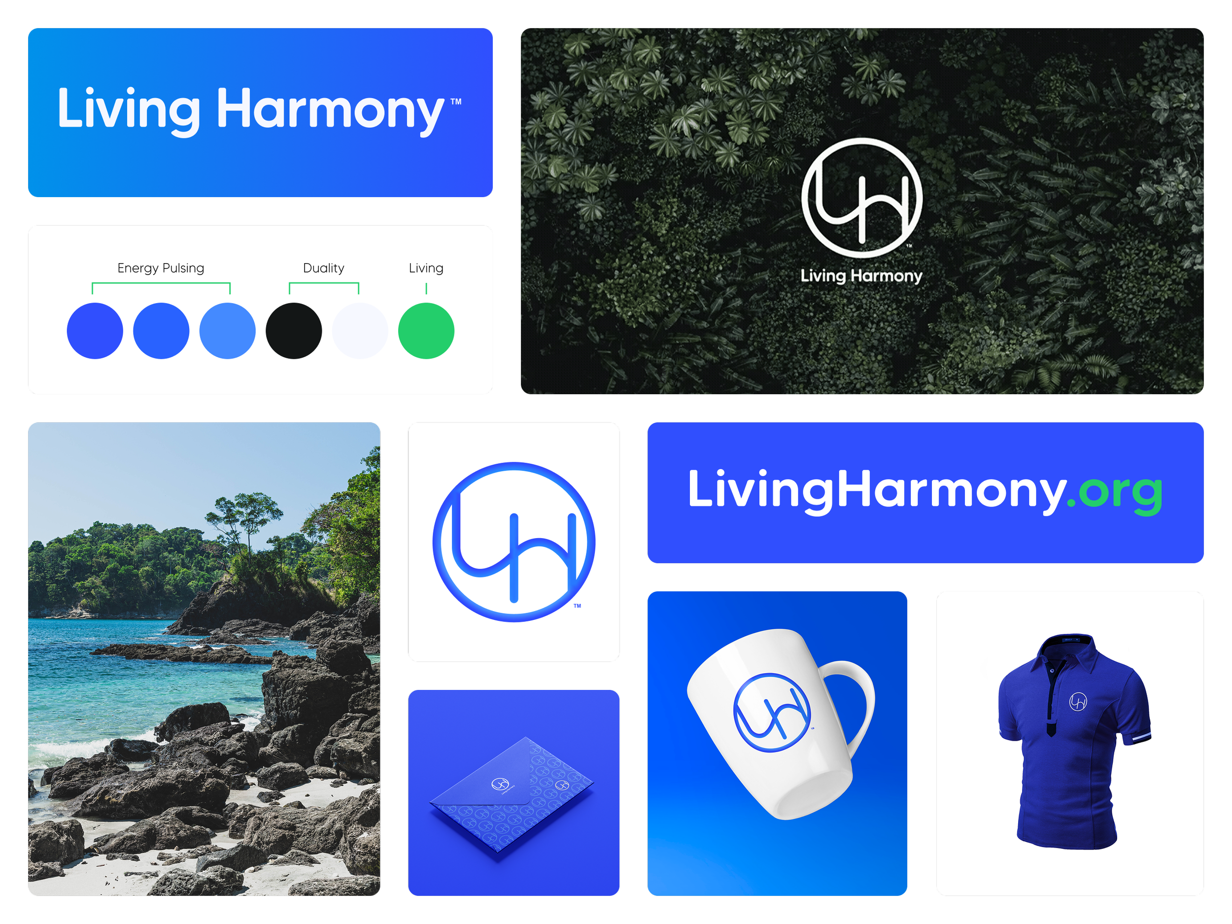 Multiple items, including a Living Harmony logo, a scenic ocean view with rocks and trees, branded merchandise like a mug and a shirt, and a logo with a crown design.